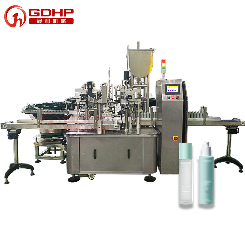 全自動爽膚水酒精噴頭灌裝旋噴頭壓蓋一體機(jī)
